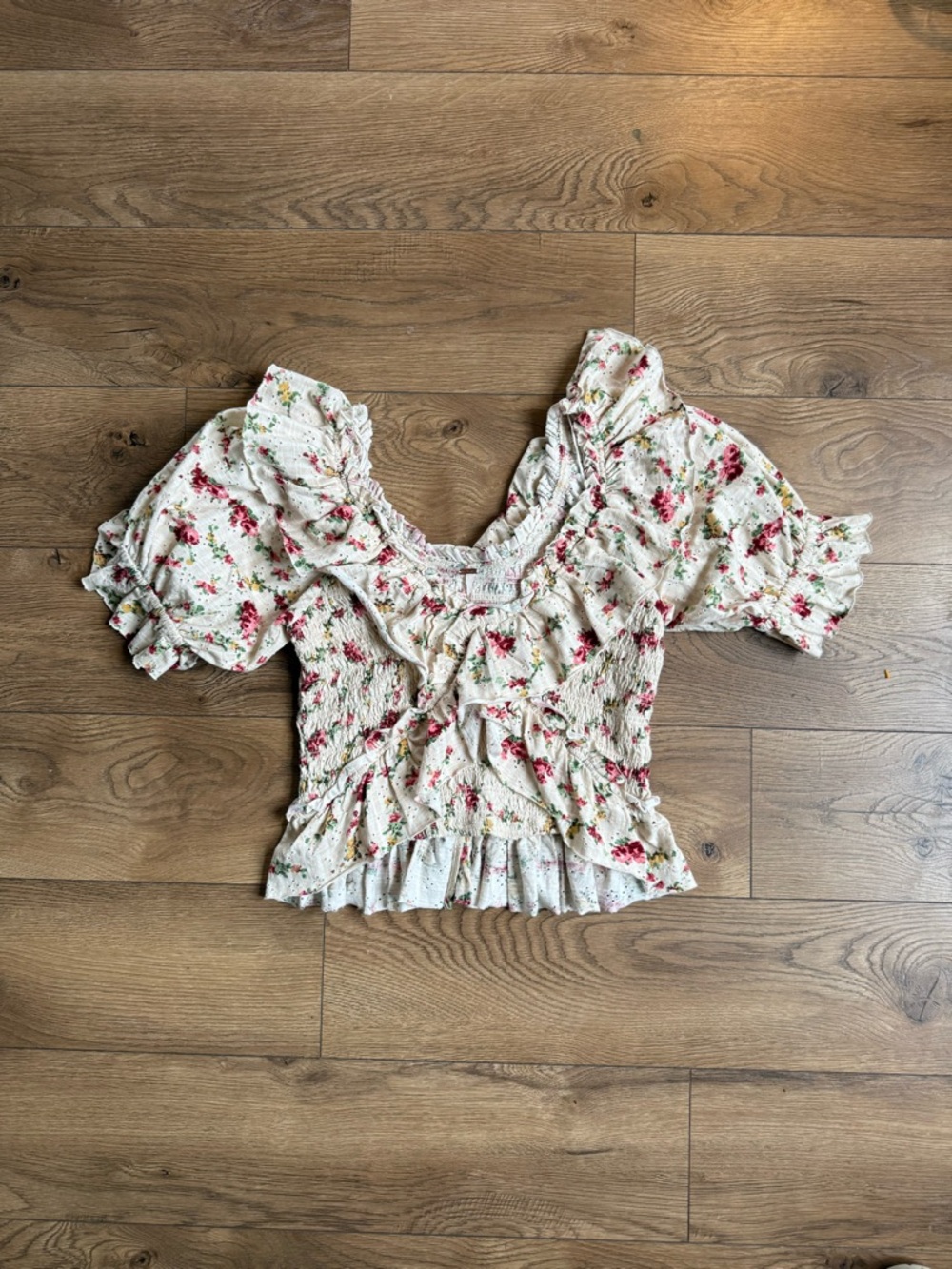 Free People Cream Floral Smocked Puff-Sleeve Crop Top